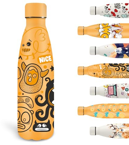 Grsta Botella Agua Acero Inoxidable, 500ml Botella Termica, Botella Agua Personalizada sin BPA, Mantiene 24H Frio/12H Calor, Botella Metal para la Escuela, Oficina, Viajar, Gimnasio, Amarillo