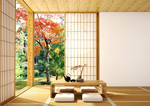 CORFOTO 3x2m Fond de Style Japonais, intérieur de Chambre Japonaise, Service à thé Tatami, Arbres d'automne, Fond de Paysage, résidence Traditionnelle Japonaise, décoration de Salon Asiatique