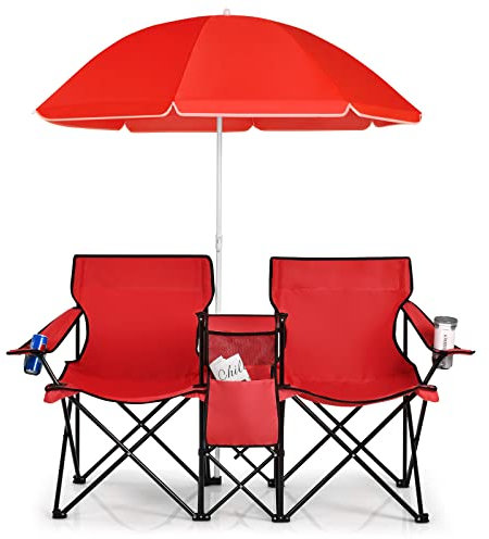 BPABDEITR Camping Folding Chair for Adults, Double Camping Chair, Portable Folding Loveseat with Umbrella, Ice Bag, Cup Holder & Carrying Bag, Outdoor Garden Seaside Picnic Chairs Set(Red)