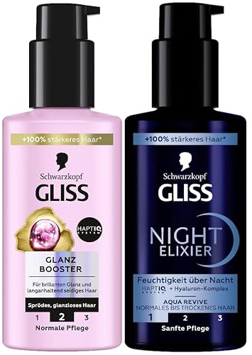 GLISS Glanz Booster Haarserum (100 ml), Haarpflege für brillanten Glanz, Leave in Haarpflege & Gliss Night Elixier Aqua Revive (100 ml), versorgt trockenes Haar im Schlaf mit Feuchtigkeit