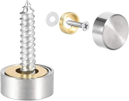 TOP-VIGOR 8Pcs Mirror Screws, 12mm Mirror Screws Cap Nail with Washers, Decorative Cap Covers Brushed Mirror Nails for Mirrors, Furniture Fittings, Tables, Wardrobes, Glass, Silver