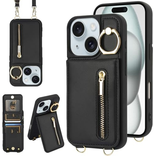 Jcxtrombulous Hülle für iPhone 11 Hülle Stoßfeste Handyhülle mit Verstellbarer Halskette RFID Reißverschluss Geldbörse Etui mit Kartenfach mit Band Ring Ständer Case für Frauen-Schwarz