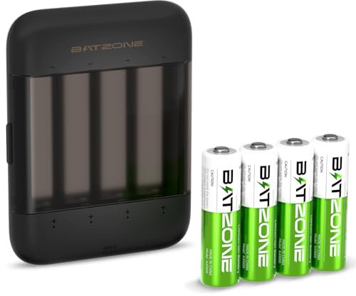 BATZONE Wiederaufladbare Lithium Akkus AA 4-Pack mit Ladegerät, 2500mWh Hohe Kapazität 1.5V AA Batterien
