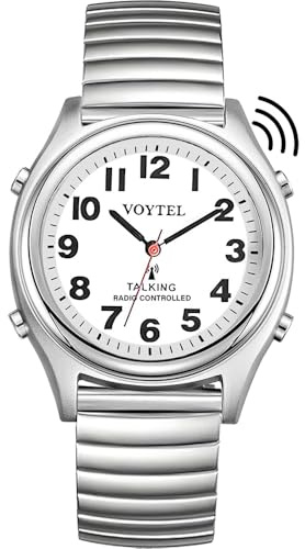 RUNCAR Atomic American English Talking Watch Speaks Clear and Loud Time, Date and Alarm time Stretch Band for Senior,Visually impaired or Blind People (Mens Silver)