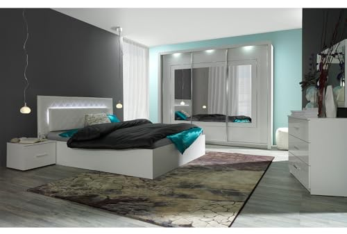 Lomadox Schlafzimmer Set 5-teilig mit Bett 180x200cm, 2 Nachttische, Schwebetürenschrank 208cm, Kommode in weiß Hochglanz