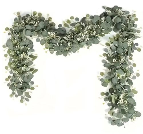 Ghirlanda artificiale di eucalipto, 180 cm, ghirlanda di eucalipto, ghirlande di piante di eucalipto, foglie verdi, fiori bianchi, decorazione per matrimoni, feste, tavoli da pranzo, cornicione