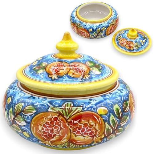 SICILIA BEDDA CAPACI Biscottiera o Portagioie in Ceramica Caltagirone, Ø 20 x h 17 cm ca. Decoro melograni e Foglie su Fondo Blu