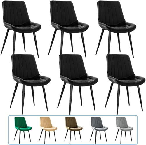 JIJIAN Lot de 6 Chaises de Salle à Manger, Chaises de Cuisine, Chaise tapissée, Chaise de Salon, Design avec Dossier, Assise en Velours avec Pieds Métalliques Noirs, Noir