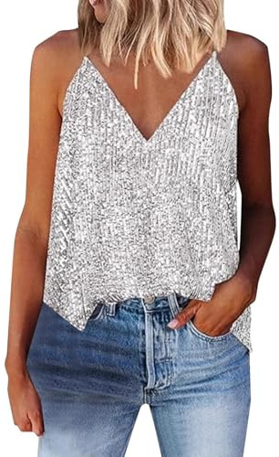 2025 Débardeur glamour à paillettes et col en V pour femme - Élégante et étincelante garde-robe de soirée spaghetti Tops pour femmes, argent, Large