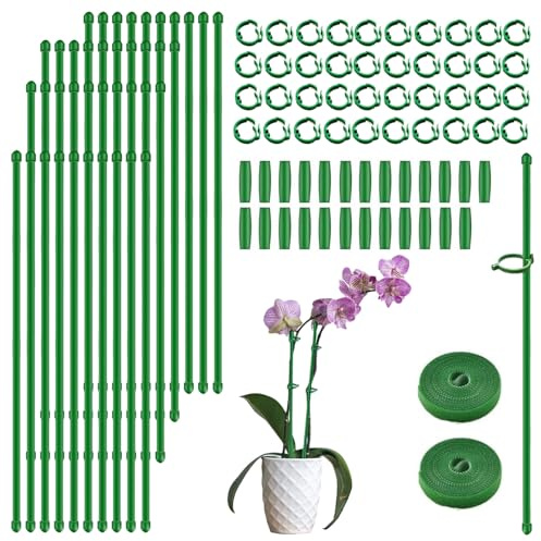 Pflanzenstütze 40 Stück, Verstellbare Rankhilfe für Pflanzen, Fiberglas Pflanzenstäbe mit 40 Schnallen, 25 Verbindern und 2 Meter Klettband, Optimale Unterstützung für Gemüse, Orchideen und Blumen
