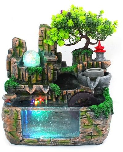 Fontana da tavolo con illuminazione a LED e nebbia, per interni, piccola fontana con piante, per soggiorno, camera da letto, ufficio, 30 x 20 x 30 cm