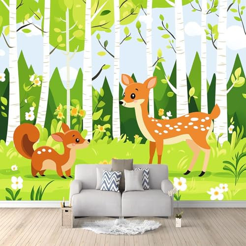 Papier Peint Panoramique Animaux forêt écureuil daim, Aquarelle cartoon Papier Peint Intissé Tapisserie Poster Mural pour Salon Chambre Maison Décoration Murale 400 x 280 CM