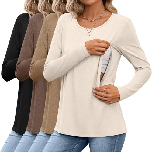 4 Pack Women's Cotton Nursing Tops, Breastfeeding Maternity with Hidden Zippers Crew Neck Long Sleeve Pregnancy Shirts(Beige, Camel, Brown, Black,X-Large)