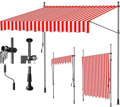 Einziehbare UV Schutz Markise Handkurbel Klemme für Balkon & Terrasse ohne Bohren Höhenverstellbar Einfache Installation Rot (350x120cm)