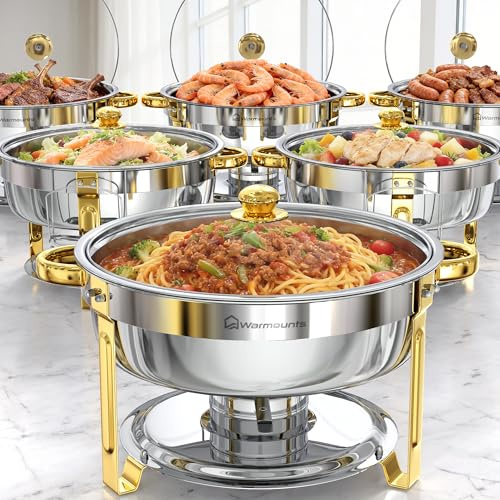 WARMOUNTS 6L Chafing Dish 6er Set Silber & Gold, Runder Speisenwärmer Edelstahl mit Glasdeckel, Stapelbarer Warmhaltebehälter Buffet Rechaud mit Deckelhalter für Gastronomie, Party, Hochzeit