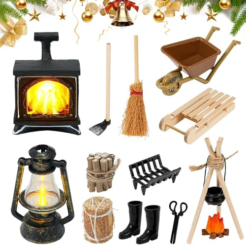 Afenau Wichtel Zubehör Kamin, 12 Pcs Wichtel Zubehör Feuerstelle, Wichtel Kamin, Wichtel Feuerstelle Miniatur, Puppenhaus Kamin mit Licht für Puppenhaus DIY Halloween Weihnachten