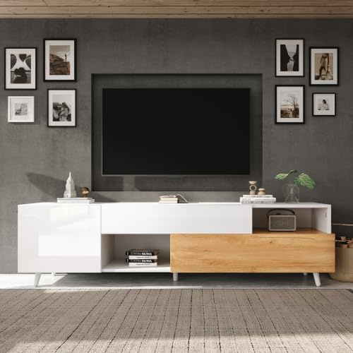 Merax Mobile TV 180 x 38 x 50 cm – Mobile basso con bianco lucido, 1 cassetto, 2 ante con porta a battente e scomparti semiaperti, TV Board per TV fino a 75 pollici, mobili moderni per soggiorno