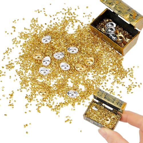 DICOSMETIC 3 Sets Kleine Falsche Gold Schatztruhen Enthält Falsche 60Pcs Yuan Bao und 21.6g Gold Partikel Miniatur Schatztruhen Set Mini Antike Piraten Schmuck Aufbewahrungsbox für Basteln Party Deko
