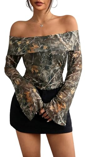 Surwin Top da Donna in Rete Trasparente, Y2K Top Paillettes Maniche Lunghe Donna Maglia Trasparente con Brillantini Camicia Pizzo Trasparente Elegante per Clubwear, Feste (Foglie Marroni,S)