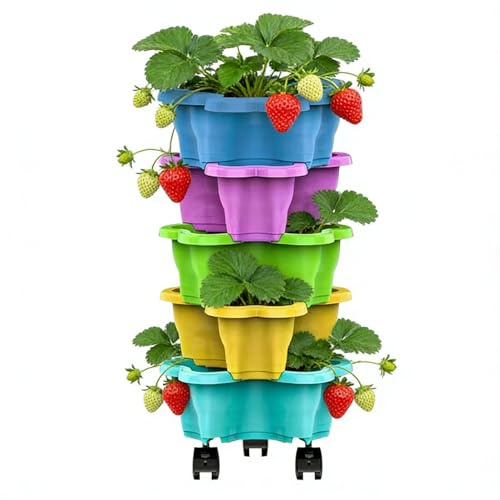 Macetero Apilable Para Fresas, Multinivel Macetas Verticales Jardín Exterior, Maceta Apilable Fresas Resistente Intemperie Con Ruedas, Macetas Ahorran Espacio Fresa Flores Hortaliza, Para Patio Balcón