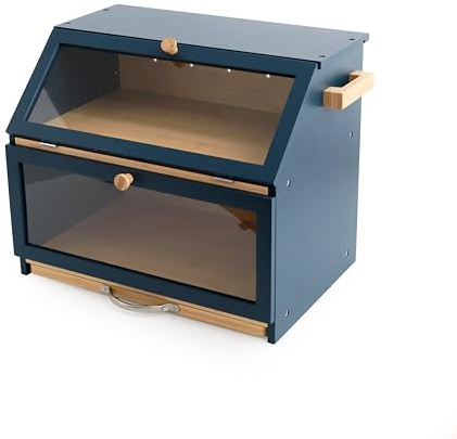 3-in-1 Bamboo Bread Bin 2-Tier Bread Box With Cutting Board And Knife Holder Naturally Antibacterial Sustainable Eco Friendly Storage Box Organic Premium Kitchen Organiser Double Decker (Blue/Natural)