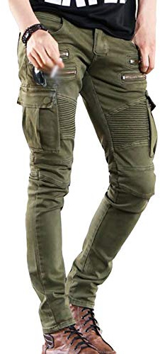 Klassisk motorcykelåkning ribbade jeansbyxor motorcykel jeans flera fickor smal passform cargo arbetsjeans byxor med multidragkedja, Armégrönt, 38 SE