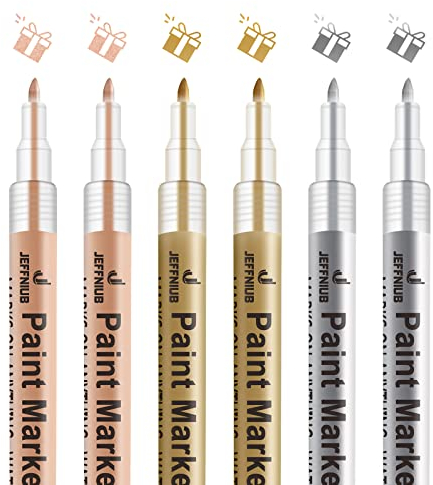 JEFFNIUB Acrylstifte für Steine Wasserfest 6 Stück, Rosegold Gold Silber Metallic Stifte 0,7 Dünner Spitze Permanent Marker Stift auf Holz, Glas, Papier, Keramik, Leinwand, Leder