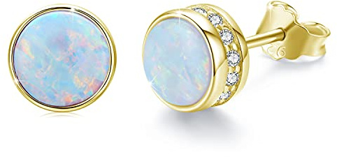 Blauer Opal Ohrstecker aus 925er Silber – Rund 7 mm, Gold, hypoallergen für Damen