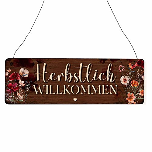Interluxe Schild Holzschild - Herbstlich willkommen - Herbstzauber Herbst Dekoschild Türschild Besuch Gäste Blumen Landhaus