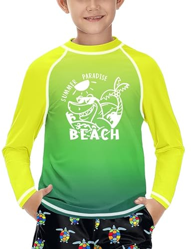 Jungen Fit UV Shirt Rundhals UPF 50+ Sonnenschutz Schnelltrocknend Rashguard Beach-Gelbgrün 120