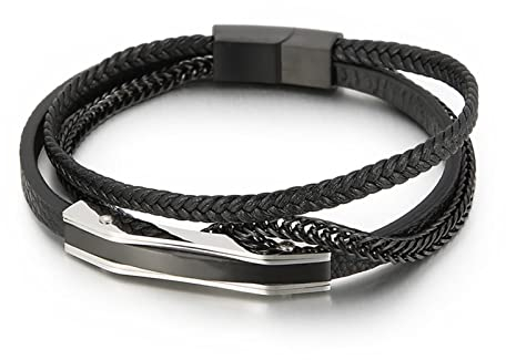 AMDXD Geschenke Für Männer Armband Charms, PU Leder BFF Armbänder Mehrschichtig Bettelarmband Junge Schwarz Handhandgelenk Kette Edelstahl mit Magnet Verschluss, Länge 21cm