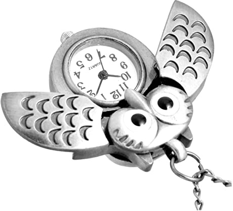 Mikikit Retro Taschenuhr in Eulenform, Silber, 1 Stück, Quarz | Halbmond Design, Legierung und Kunststoff, Dekorativ, Geschenk für Freunde und Familie