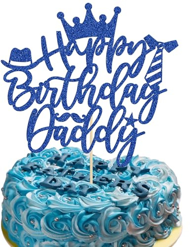 Gyufise 1PC Happy Birthday Daddy Cake Topper Glitter Happy Father's Day Cake Pick Best Dad Cake Decorations for Happy Father's Day Birthday Party Supplies Blue