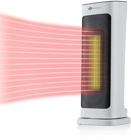 PureMate Ceramic Tower Fan Heater, 2000W Portable Electric Heater with 2 Heat Settings, Space Heater with Oscillating, Adjustable Thermostat & Safety Cut-Off, Tip-Over and Overheat Protection