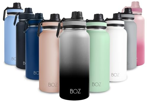 BOZ 1l Acero Inoxidable Y Botella, 1 Litro Botella Térmica orekóva Aislamiento Doble Pared, BPA Free Boca Ancho Termo Y Ro'ysã ha Haku, No Derrame Botella Isotérmica (Gradiente Negro)