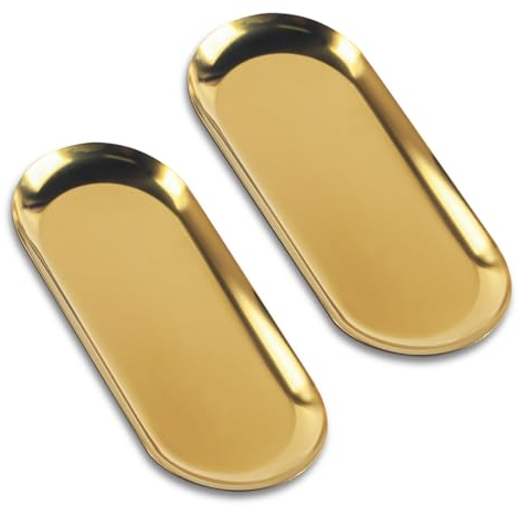 2 STK Tablett Gold, Serviertablett, Goldene Dekotablett, Deko Tablett Gold, Ablageschale, Ovale Schmuck Tabletts, Dekoschale Edelstahl, Schmuckschale für Kosmetik Dessert Obst Kerzen, 23x9,5 cm