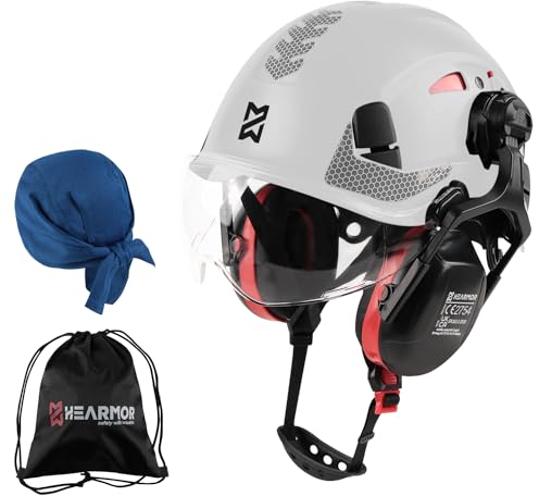 HEARMOR ANSI Z89.1 & EN397 Certified Safety Helmet/Hard Hat with Ear Protection – Lightweight Vented Work Helmet Kit, 6-Point Suspension System – Ideal for Industrial & Construction Professionals