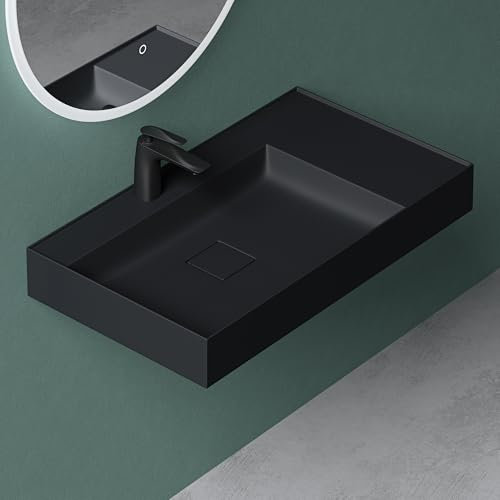 Mai & Mai Waschbecken Aufsatzwaschbecken Hängewaschbecken matt Anthrazit inkl. Ablaufgarnitur Mineralguss Rechteckig Waschplatz Breite: 80cm Colossum630