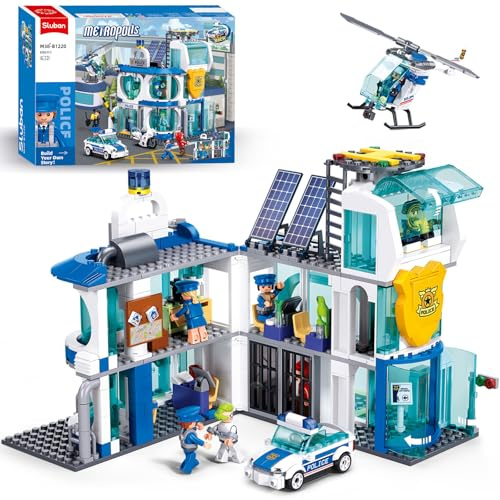 Sluban City Police Station, Building Set with Car Model, Motorcycle, Helicopter, Police Cop Patrol, STEM Block Ideal Gift 6-12 Boys Girls, 7 Police Minifigures, 686pcs