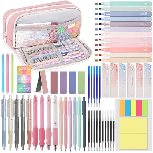 DazSpirit Lot de 61 Fournitures Scolaires Esthétiques avec Trousses, 12 Surligneur Pastel, 4 Stylos Effaçables, 5 Stylos Gel, 6 Porte Mine 0.5 mm et 0.7 mm, Papeterie Aesthetic pour Étudiants (Rose)