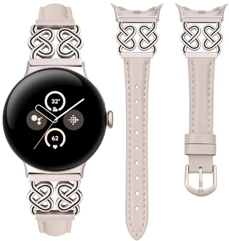 Minyee Leather Band Compatible with Google Pixel Watch 3 41mm/45mm, 2, 1 Band Women, Slim Thin Leather Dressy Designer Strap with Heart Knot Buckle Replacement Strap for Pixel 3