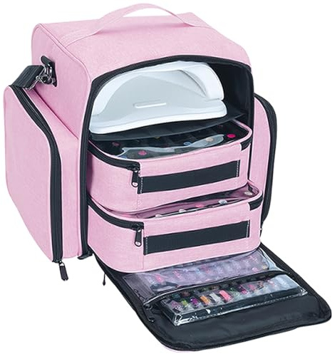 YAHOURWAT Nagellack organiseringsväska stor 60 flaskor bärbar reseförvaringslåda med 2 avtagbara väskor, designad för kvinnors nagelverktyg, eteriska oljor och kosmetikset, Rosa