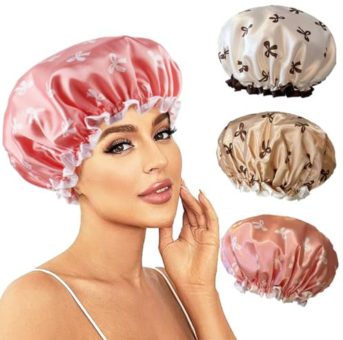 OUDQFCJ 3 Pezzi Cuffia da Doccia Riutilizzabile Impermeabile, Doppio Strato con Elastici, Protezione Capelli per Donna, per Capelli, Bagno, Spa, Salon (Rosa, Bianco, Oro)
