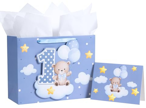 Loveinside Blaue Geschenktüte für Babys, Ballonbär und Zahl 1, entzückende Geschenktüte mit Seidenpapier, Etikett, Grußkarte, ideal für den 1. Geburtstag, 33 x 12,7 x 25,4 cm, 1 Stück