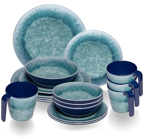 Melamin Geschirr Set Adria Blue für 4 Personen 16 Teile Blau Tassen Camping