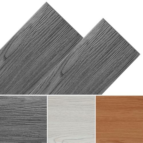 Fogmiea PVC Bodenbelag Selbstklebend Vinylboden Stabparkett Holzoptik Boden Fußboden rutschfest, wasserfest, schwer entflammbar 2.5 m²/18 Fliesen, Dunkelgrau Oak | Selbstklebende PVC-Dielen in Holzoptik; wasserfest, rutschfest und schwer entflammbar; 18 Stück decken 2,5 m² ab.