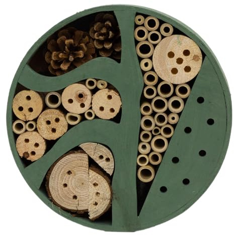 Carousel Home Round Green Wooden Insect Hotel | Bee & Bug House for Garden Insects | Natural Habitat for Bees, Butterflies & Ladybirds - 25cm ~ Colour Varies