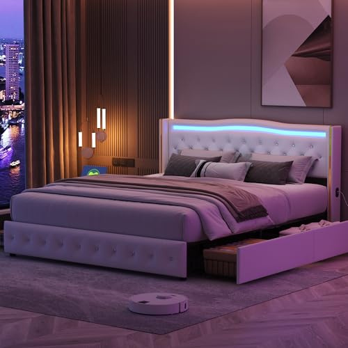 DAHUEN Polsterbett 160 x 200 cm mit 4 Schubladen, Doppelbett mit LED und USB, Bettgestell mit LED und USB, Funktionsbett mit stauraum, Jugendbett mit lattenrost,PU,Weiß,(160×200cm)