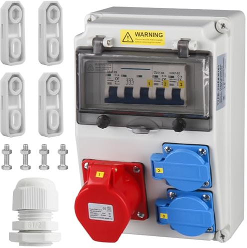 Baustromverteiler 16A - Wandverteiler mit Leitungsschutzschalter, IP67 Wasserdicht Stromverteiler mit 2 x Schuko-Steckdose und 1 x CEE-Steckdose,16A Stromverteiler für Innen und Außen