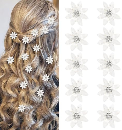 Mezrkuwr 10 pezzi mollette per capelli floreali bianche con strass, forcine a fiore con otto petali, fermagli decorativi, fermagli per sposa, accessori floreali per capelli
